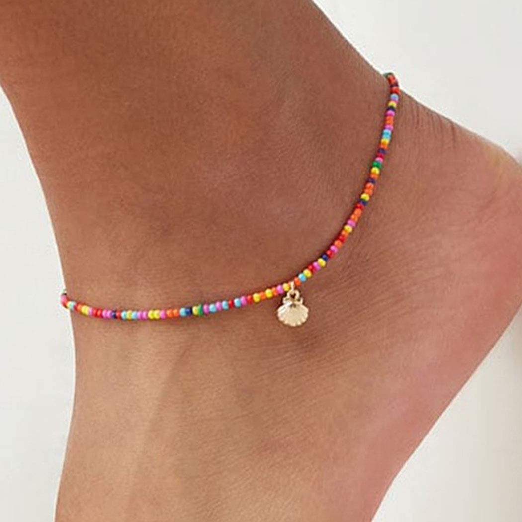 Shegirl Boho Beaded Anklet Bracelet Gold Shell Anklet Chain Colorful Beaded Foot Jewelry for Women and Girls