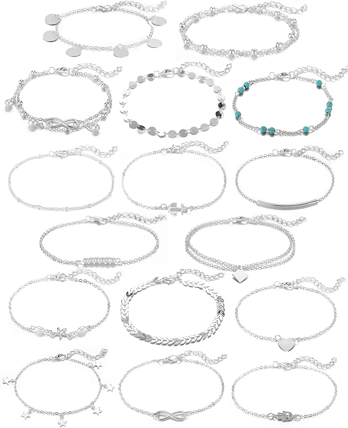 Softones 16Pcs Ankle Bracelets for Women Girls Gold Silver Two Style Chain Beach Anklet Bracelet Jewelry Anklet Set,Adjustable Size