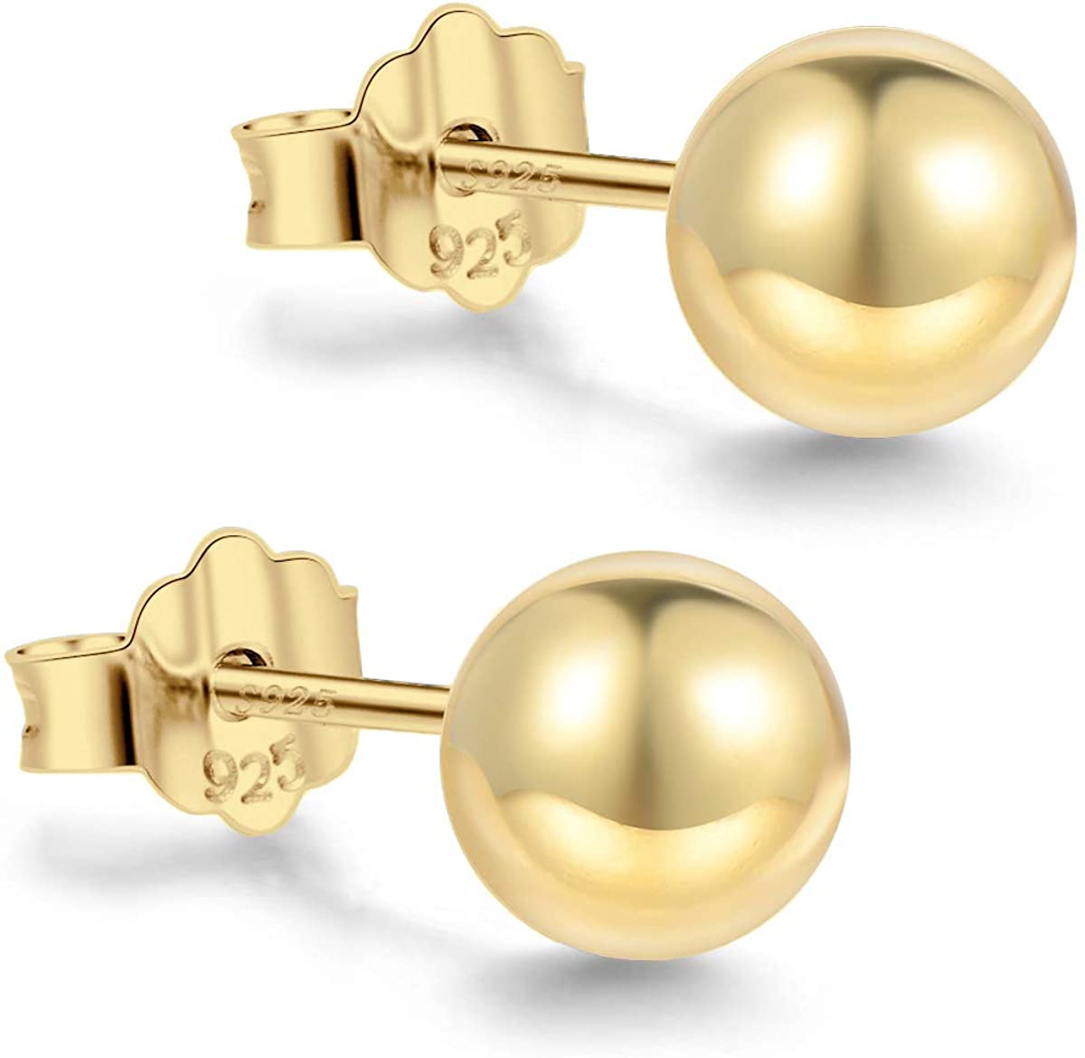 18K Gold Plated Sterling Silver Ball Stud Earrings 3mm-10mm Options, Simple Polished Ball Studs Hypoallergenic Jewelry