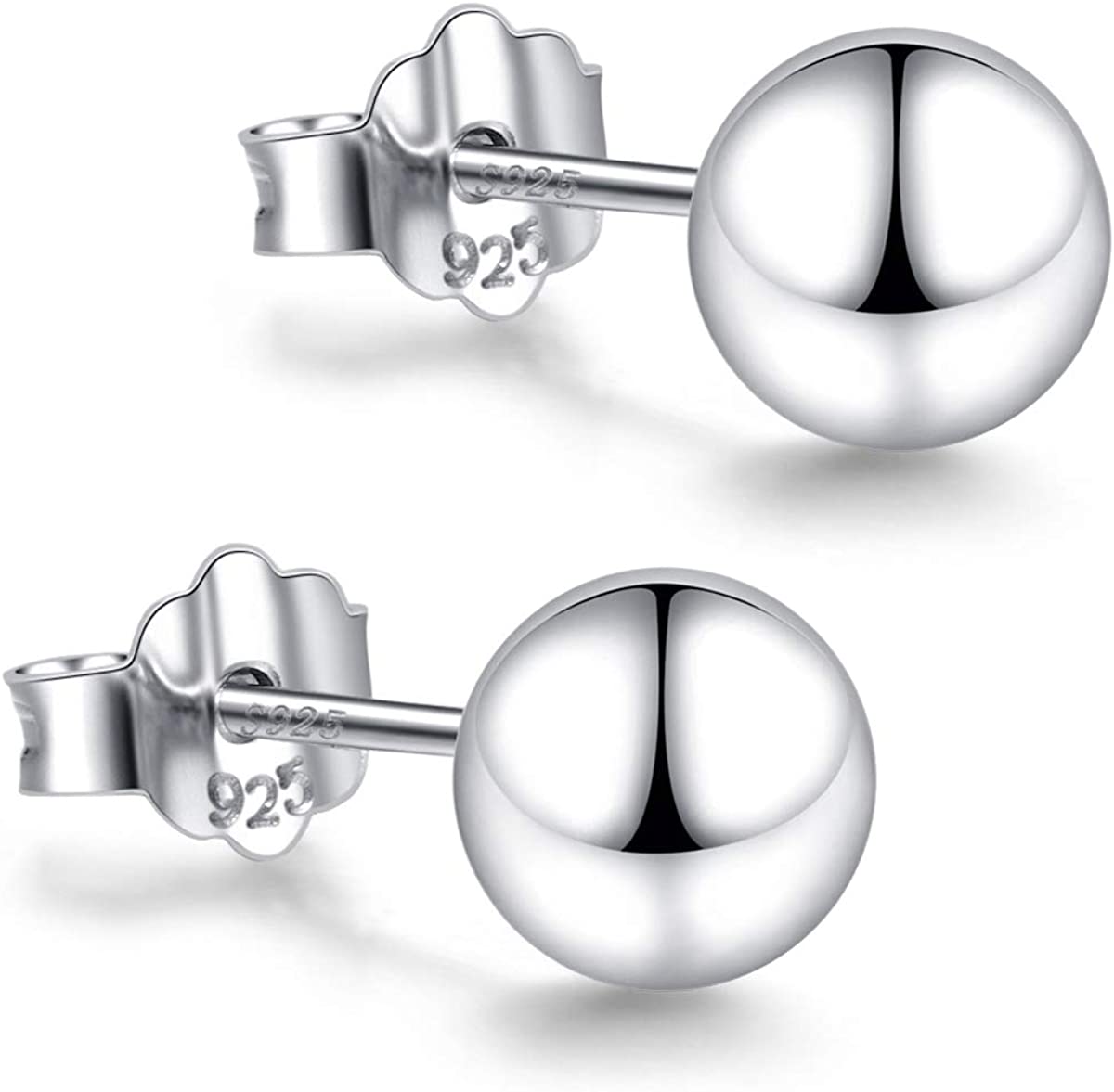 White Gold Sterling Silver Ball Stud Earrings 3mm-10mm Options, Simple Polished Ball Studs Hypoallergenic Jewelry