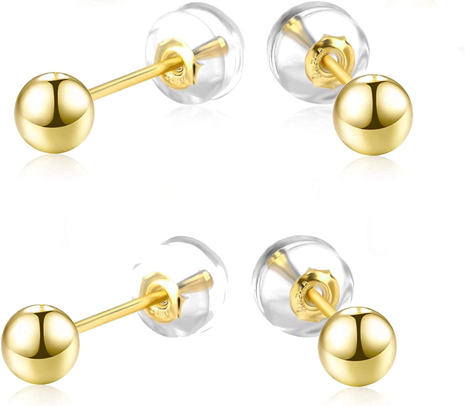 18k Gold Ball Earrings 2 Pairs ( 4MM, 5MM )