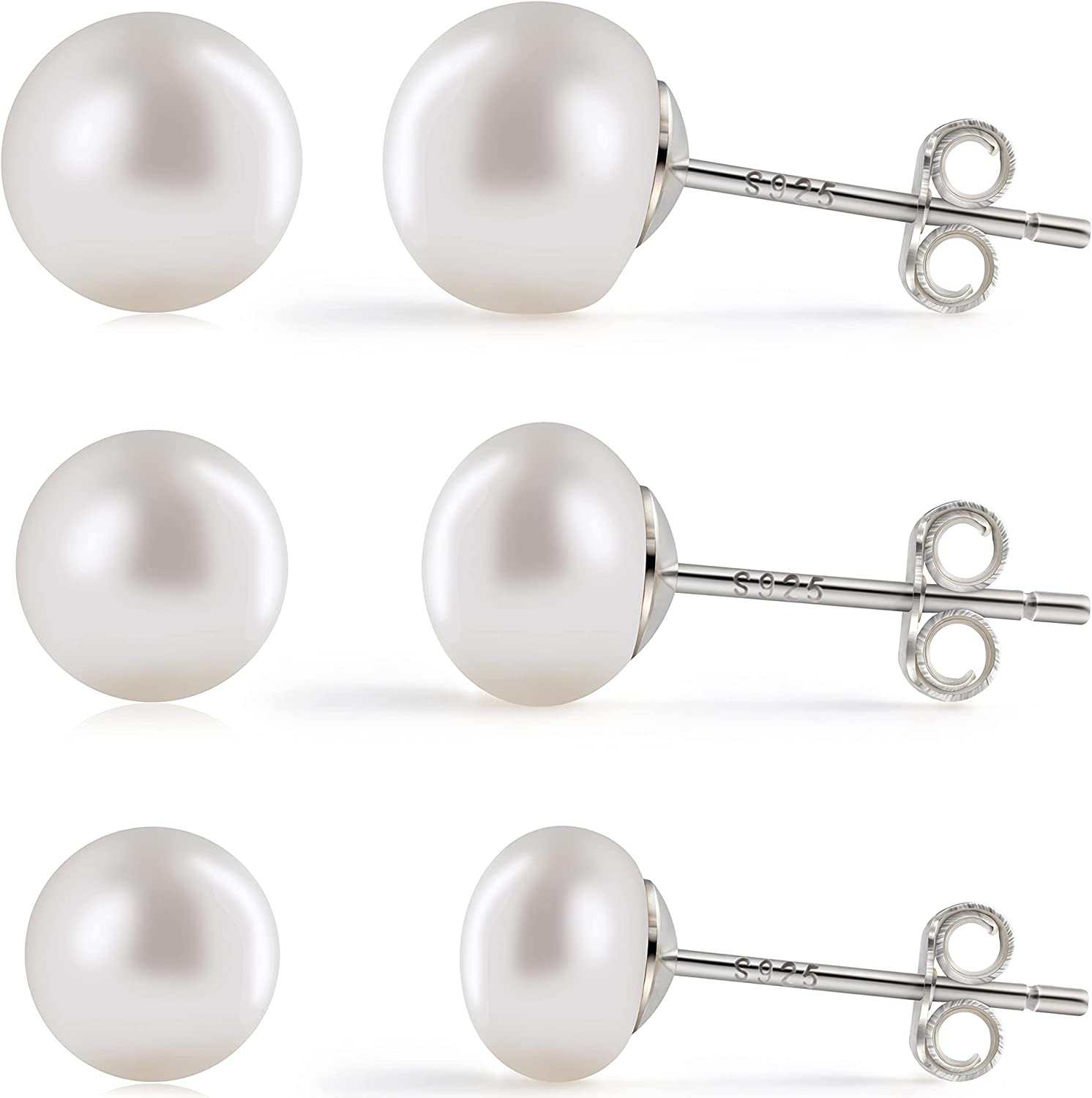 3 Pairs Sterling Silver Pearl Stud Earring White Freshwater Pearl Earrings for Women (6-8MM)