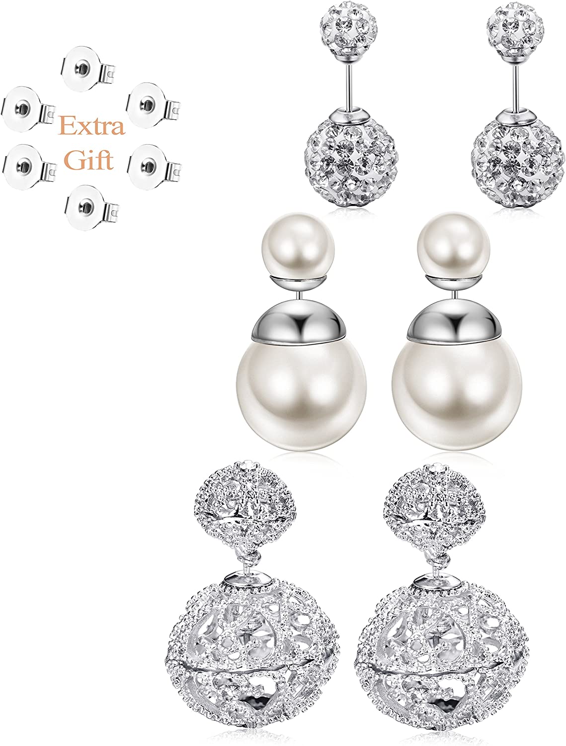 JOERICA 3 Pairs Crystal Double Ball Stud Earrings for Women Girls Faux Pearl Beads Earrings Stud Double Side