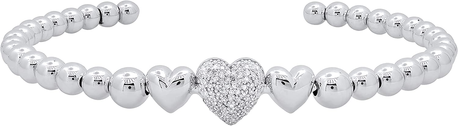 Dazzlingrock Collection 0.25 Carat (ctw) Round White Diamond Ladies Beaded Heart Bangle Bracelet 1/4 CT, Sterling Silver