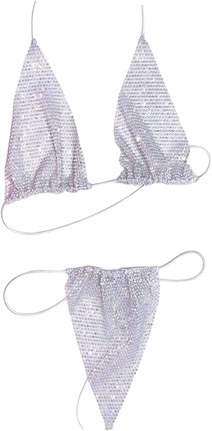 Cusmyre Women Rhinestone Bra Panties Sets Crystal Bikini Underwear Thong Body Chain Top Bra Sequin Brief Crop Top