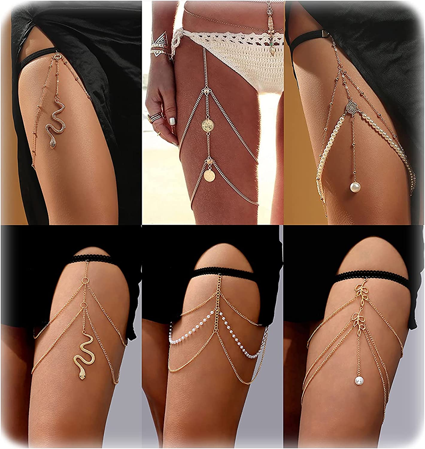 FUNEIA 6Pcs Thigh Chains for Women Gold Snake Leg Chain Boho Women's Body Chains for Teen Girls Layered Beach Body Jewelry for Summer Holiday