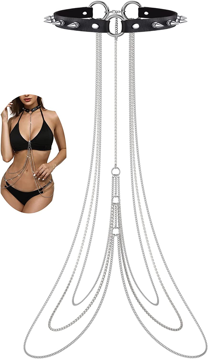 Rhinestones Body Chains for Women and Girls Rave Accessories Gothic Spiked Punk Necklace Waist Chain Suitable for Variety of Carnival scenes.