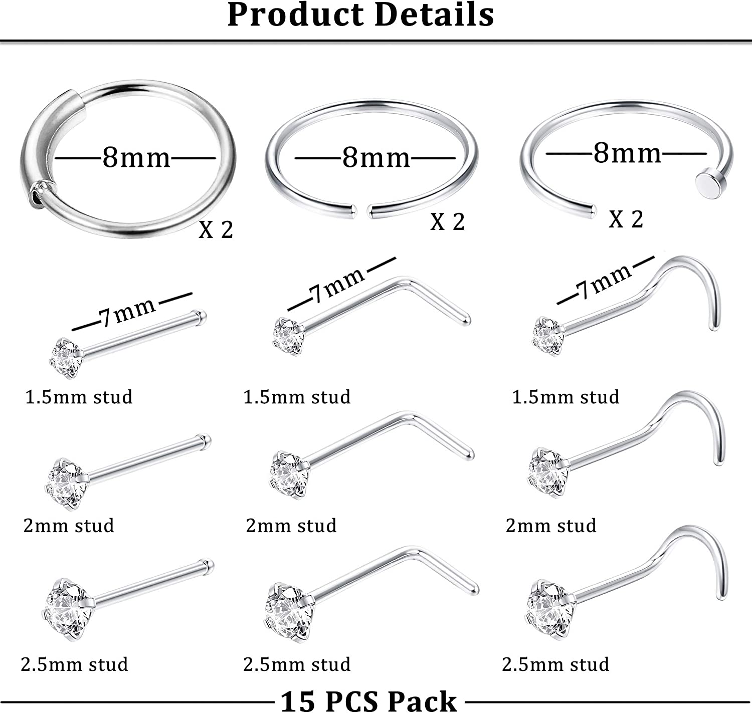 FINREZIO 15PCS 22G Surgical Steel Nose Rings Hoop Studs Cartilage Earrings Body Piercing Jewelry 1.5mm 2mm 2.5mm CZ