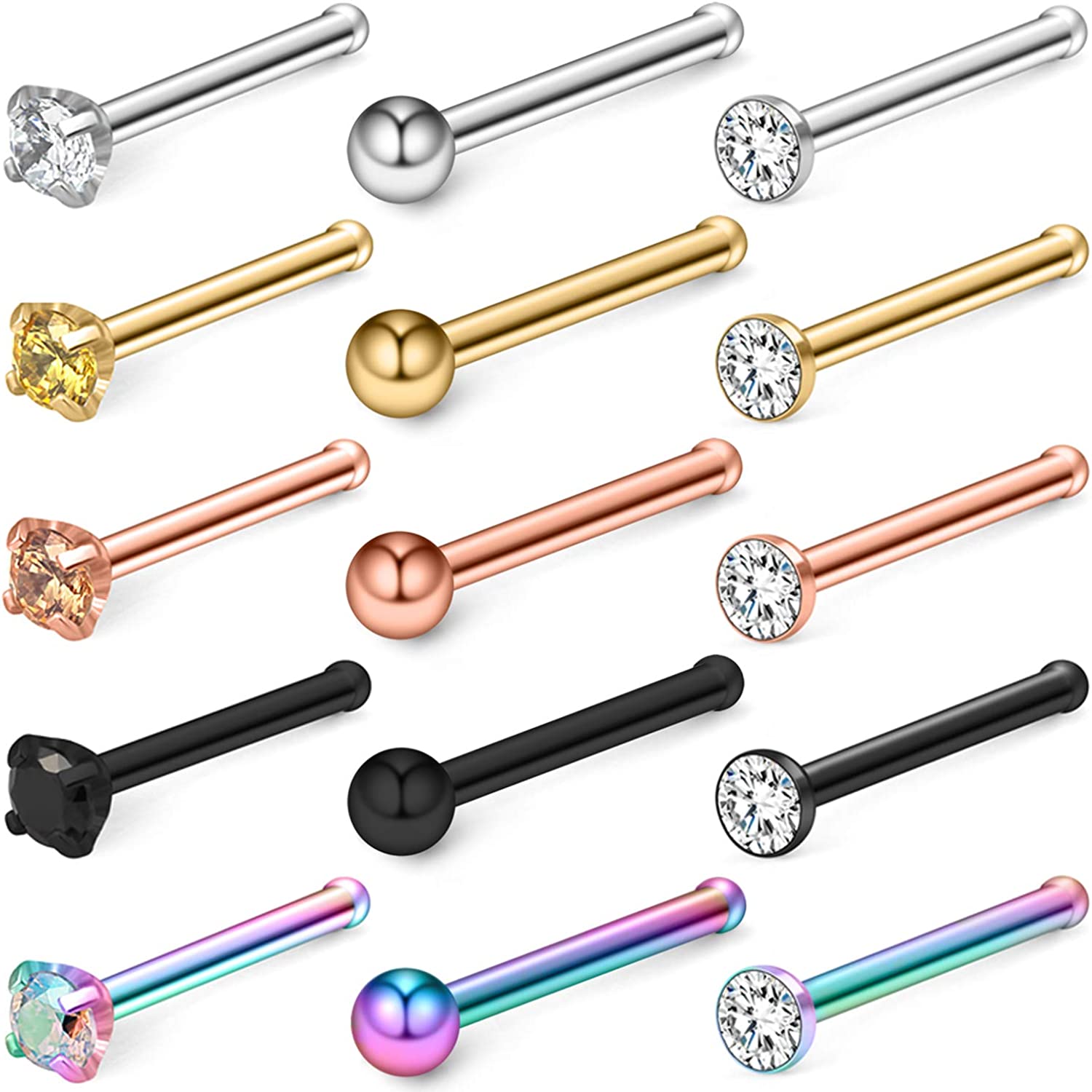 Lcolyoli Nose Ring 20 Gauge Surgical Steel Nose Stud Bone for Women Girl Body Piercing Jewelry with Clear Diamond Round CZ 15 Pieces Silver Ball 1.5mm Men Silver-Tone Rose Gold Black Ball