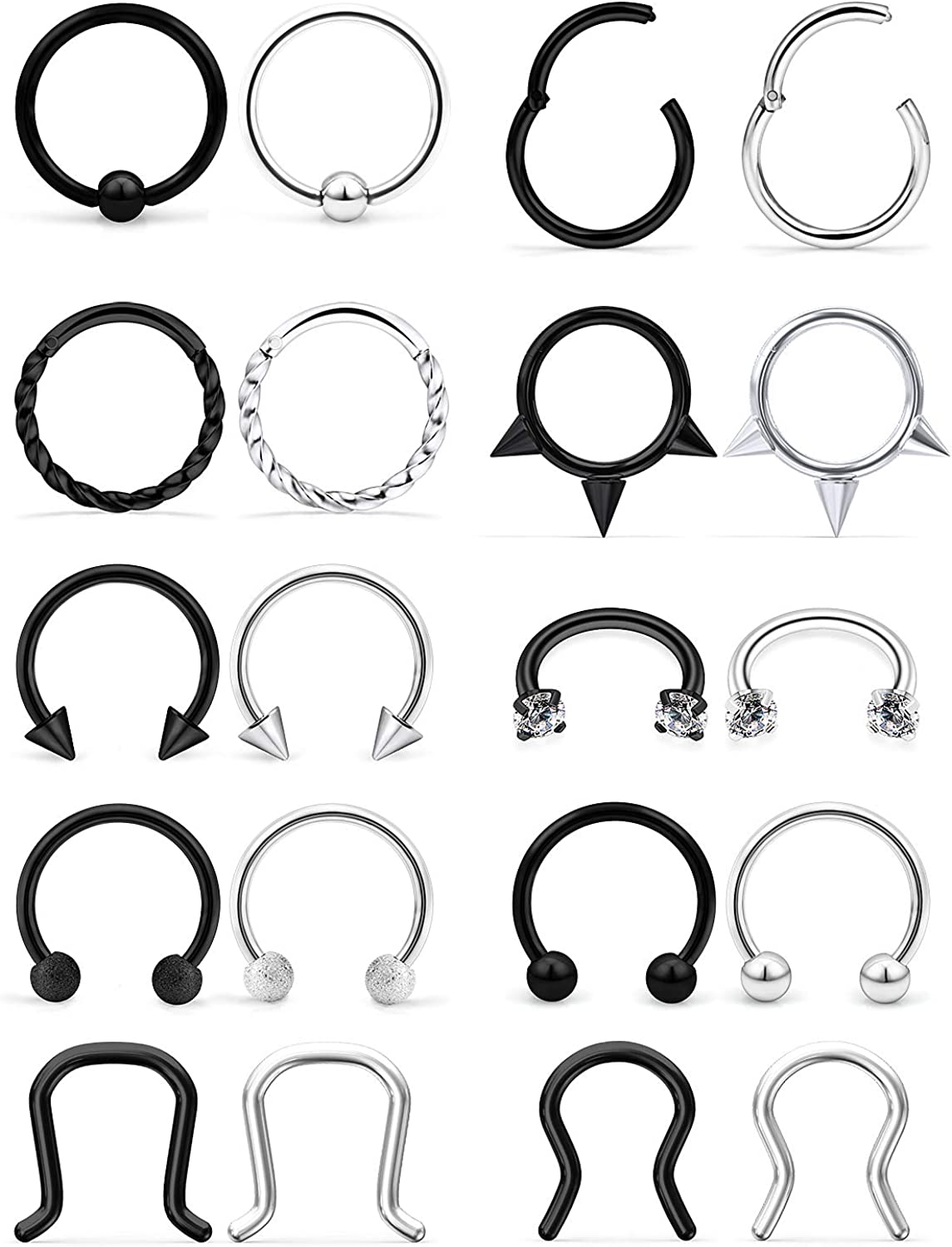 SCERRING 16G Septum Jewelry Stainless Steel Hinged Seamless Nose Hoop Ring Cartilage Daith Tragus Clicker Rings Retainer Body Piercing Jewelry 18-20PCS