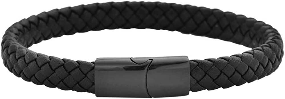 Geoffrey Beene Men's Braided Genuine Leather Bracelet with Stainless Steel Magnetic Closure