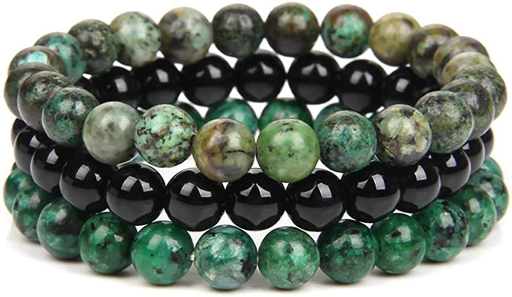 SONNYX 3 Pcs 8mm Gorgeous Semi-Precious Gemstones Round Beads Energy Power Crystal Reiki Healing Elastic Stretch Bracelet for Women Men Fashion Jewelry Gifts