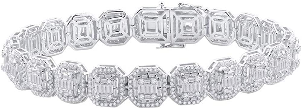 L U DIAMONDS® 14K White Gold Mens Baguette Diamond Link Bracelet 8 Ctw.