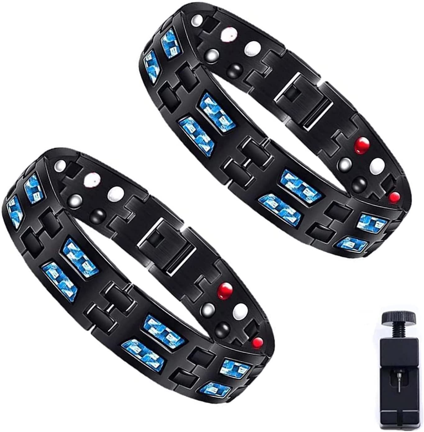2Pcs Magnetic Bracelets for Men, Men Magnetic Carbonblue Magnet Slim Fit Bracelet,Carbon Blue Titanium Magnetic Therapy Bracelet,Color Carbon Blue Titanium Bracelet,Adjustable Bracelet