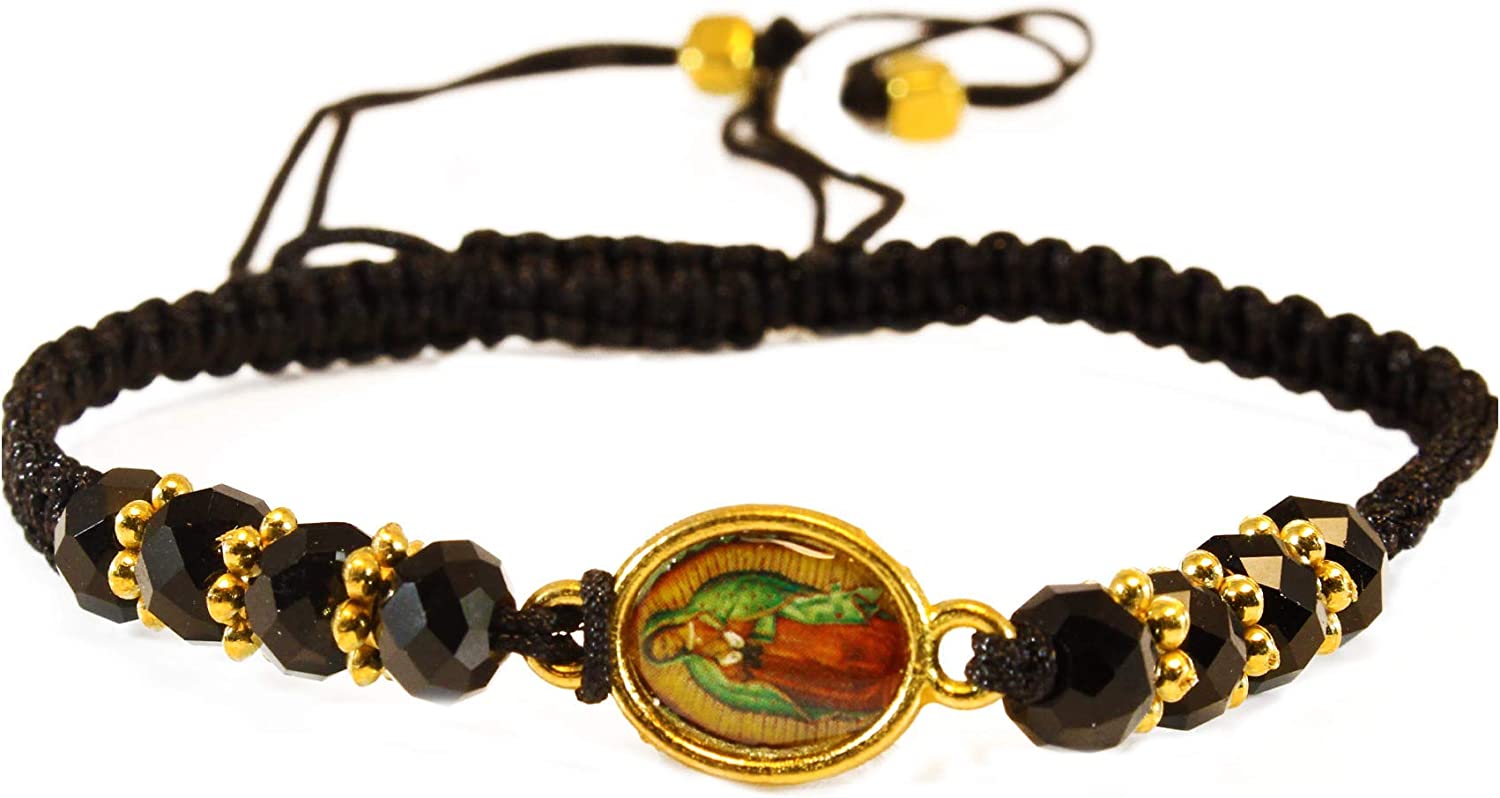 Black String Virgin Mary Black Bead with Golden-Inlay Adjustable Bracelet Protection Prosperity Good Luck Pulsera De La Virgen Maria Color Negro Proteccion Prosperidad Buena Suerte