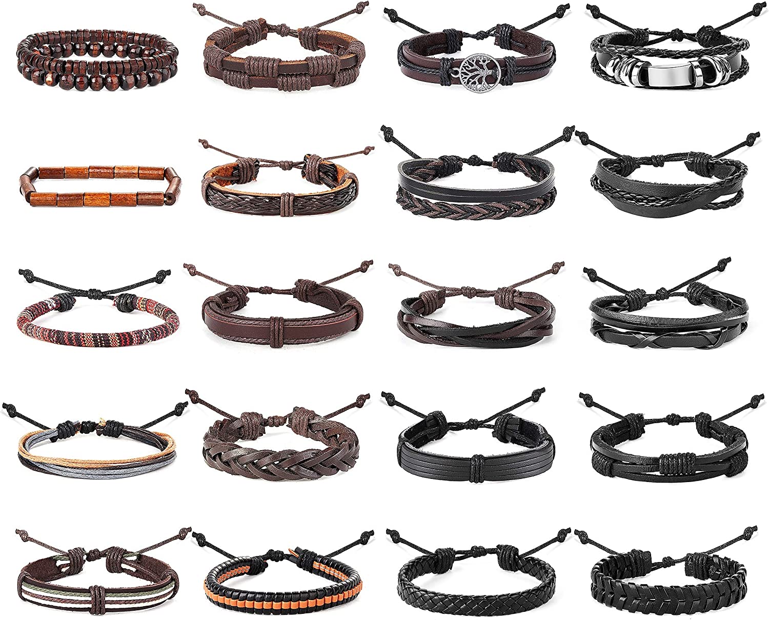 FINREZIO 15-24 Pcs Braided Bracelet Set Women Men Beads Leather Wristbands Boho Ethnic Tribal Linen Hemp Cords Wrap Bracelets String Handmade Jewelry