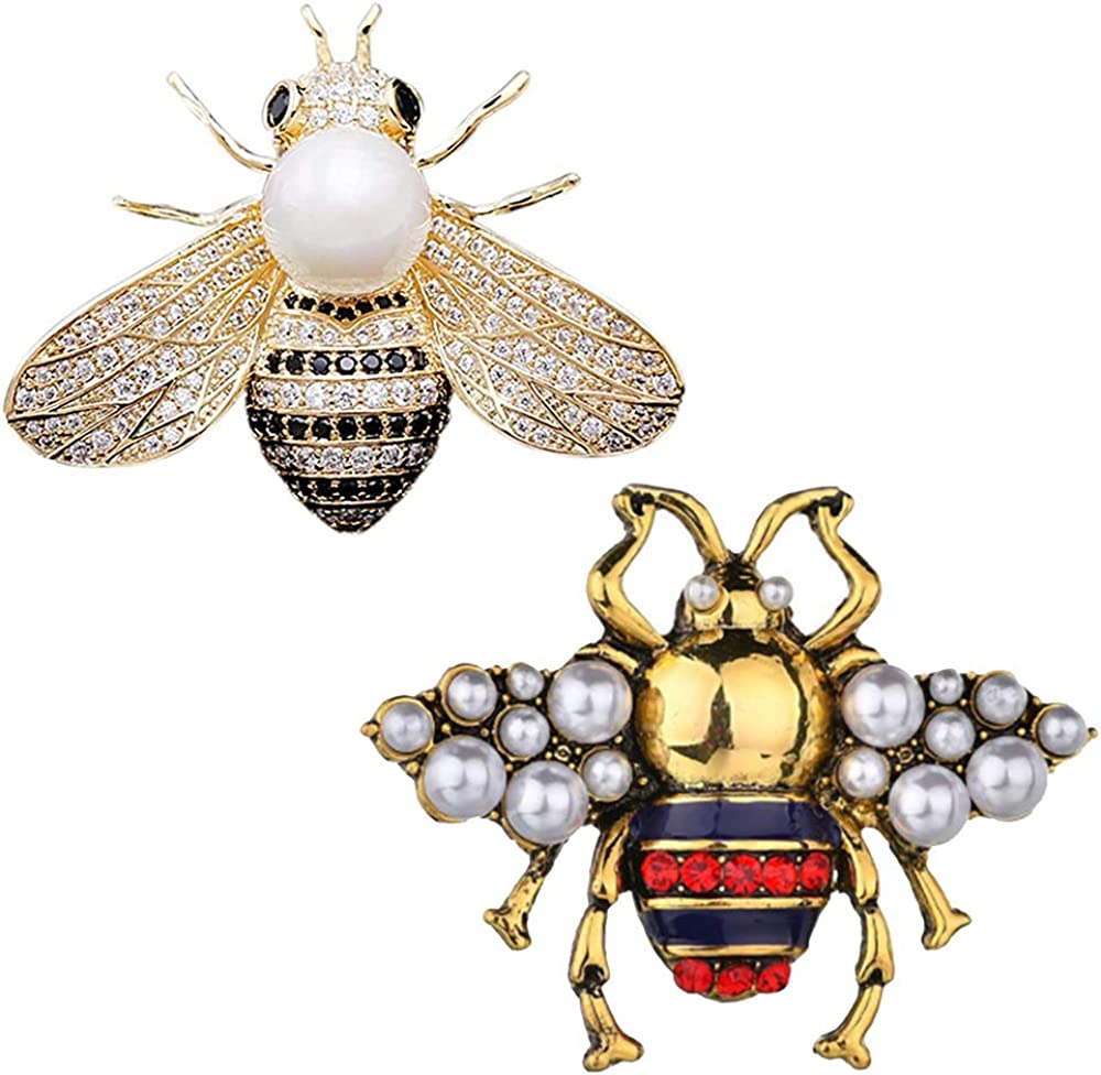 2 Pack Rhinestone Pearl Bee Brooch Pins Honey Bee Pendant/Brooch Fashion Crystal Insect Pins