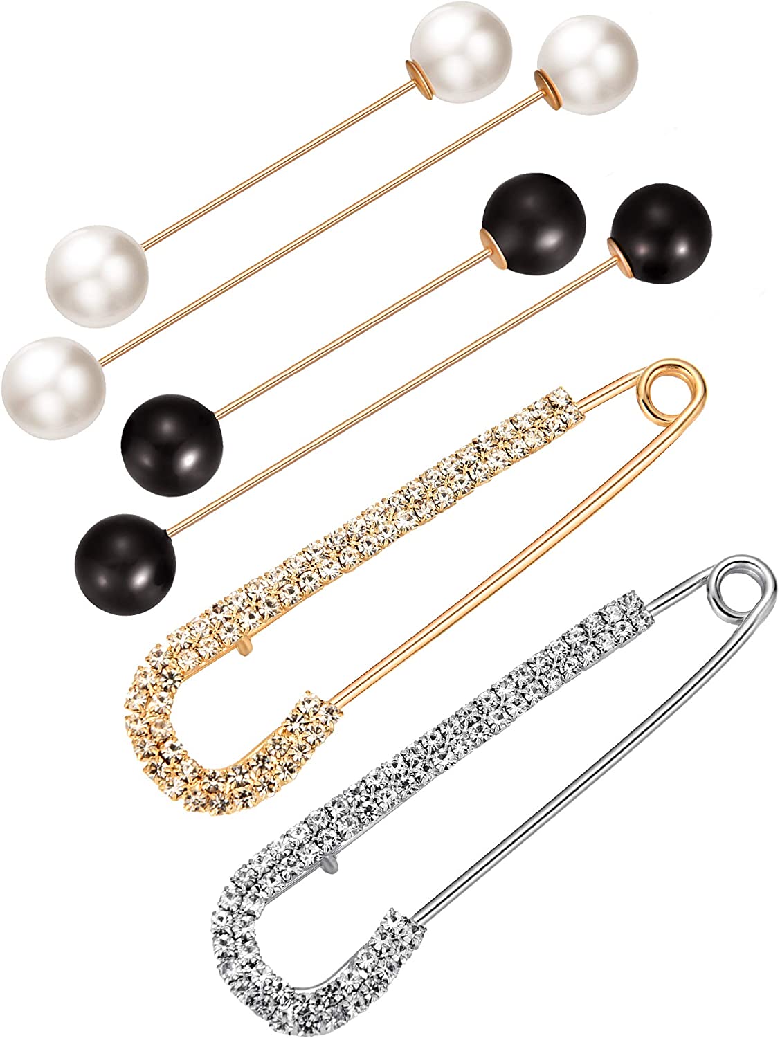 6 Pieces Sweater Shawl Clips Set, Include Double Faux Pearl Brooch Pins and Crystal Shawl Clips for Women Girls Costume Accessory