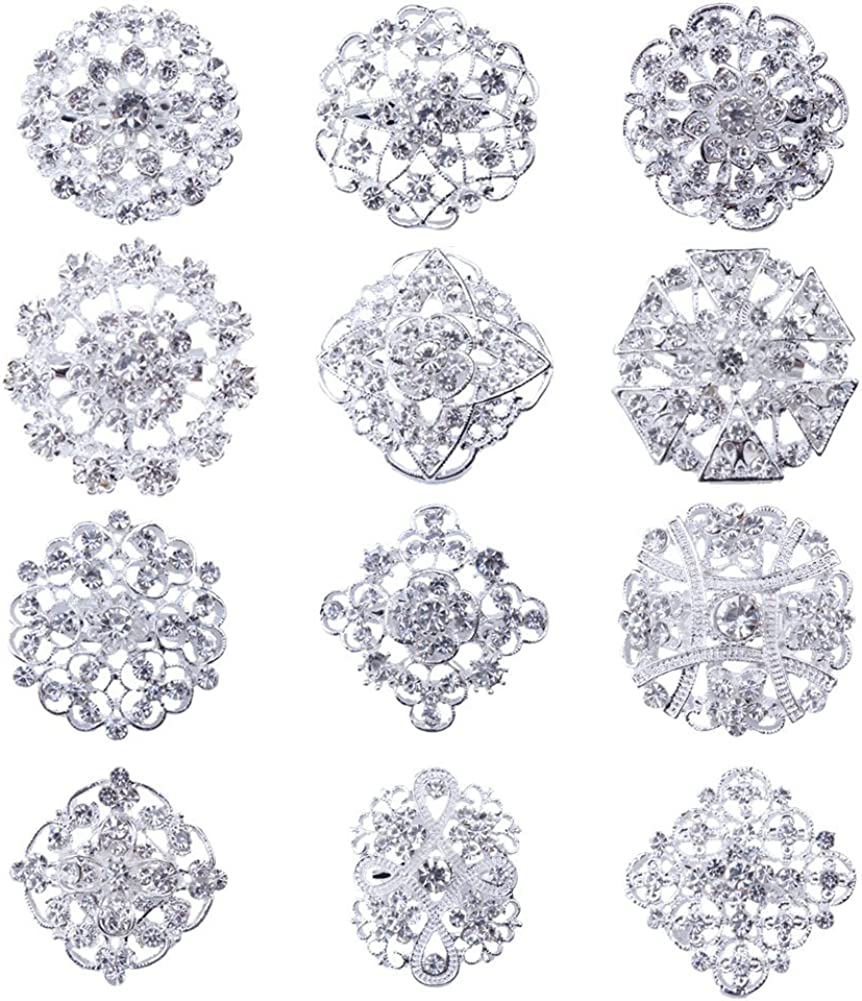 Lot 12pc Clear Rhinestone Crystal Flower Brooches Pins DIY Wedding Bouquet Broaches