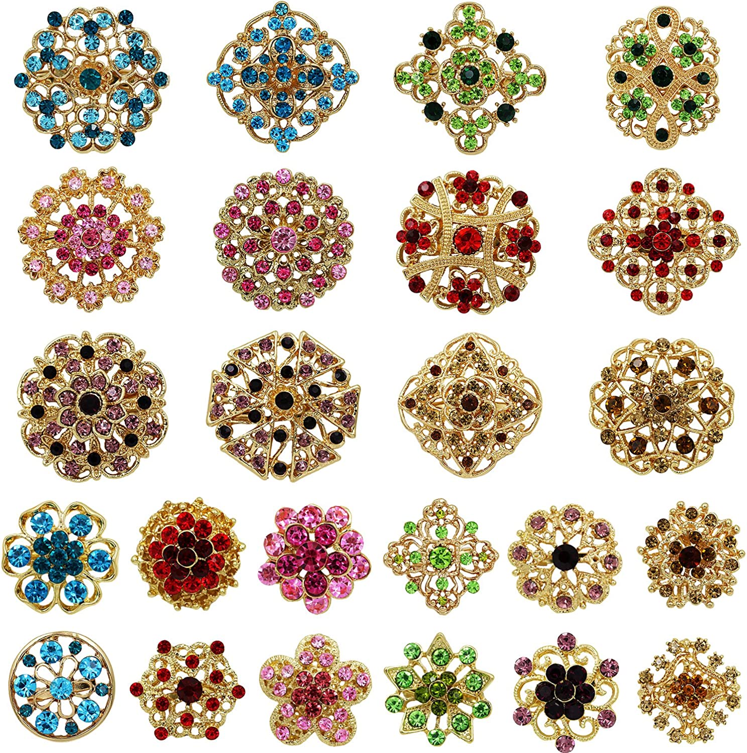 Lot 24pc Mixed Color Rhinestone Crystal Flower Brooches Pins