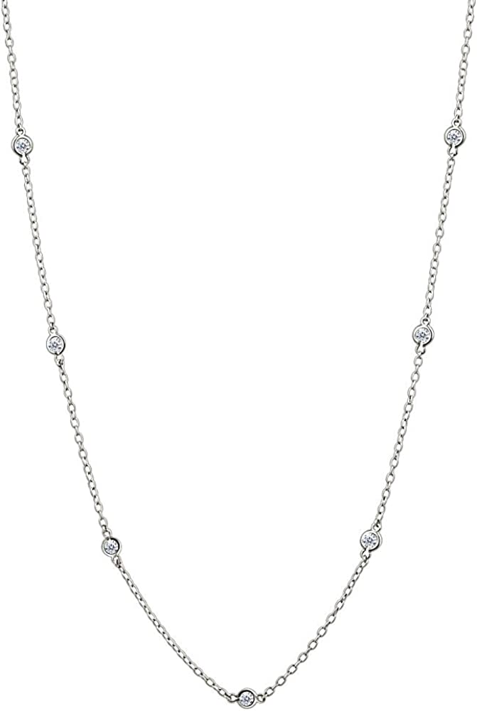 GemStar USA Sterling Silver Cubic Zirconia Station Dainty Chain Necklace, 16-24 Inches