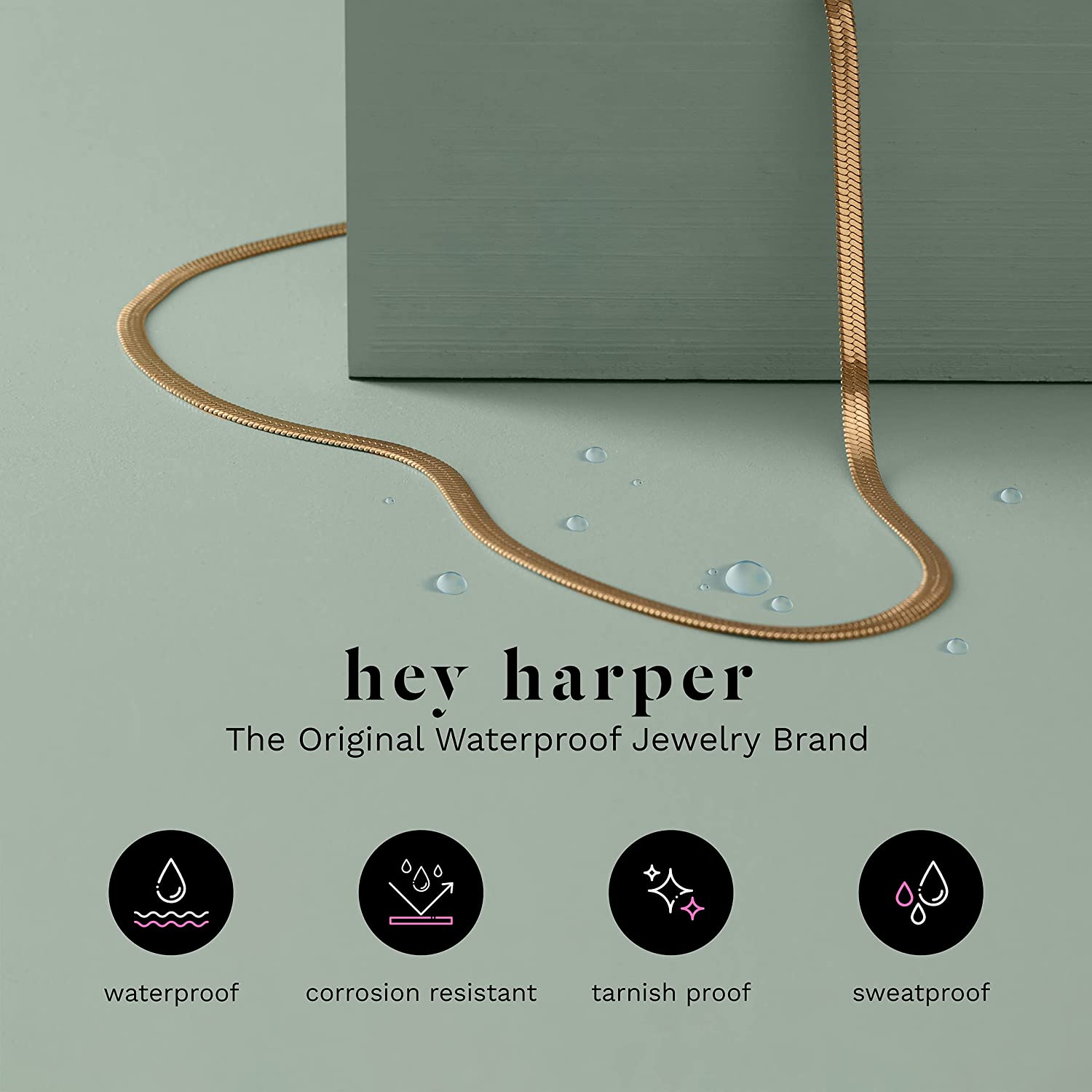 Hey Harper Nassau Necklace - Waterproof & Sweatproof Simple Womens Necklaces for Everyday Wear - Silver, Rose Gold, Gold Necklaces for Women - Stainless Steel Necklace - Herringbone Chain with 14k Golden Color PVD Coating - Necklaces for Women Tre