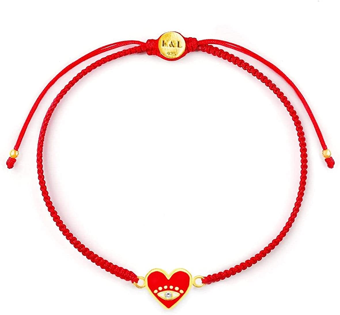 Karma and Luck - Devoted to Love - Women's 18K Gold Plated Brass Heart Embedded Diamond Chip Charm Red String Adjustable Bracelet Handmade with Love in Bali