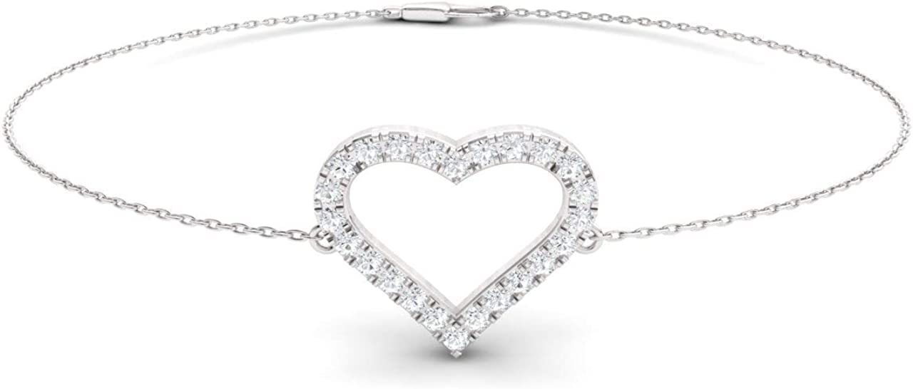 Diamondere Natural and Certified Gemstone and Diamond Heart Chain Bracelet in 14K White Gold | 0.34 Carat Bracelet for Women, Length - 7.25 inch