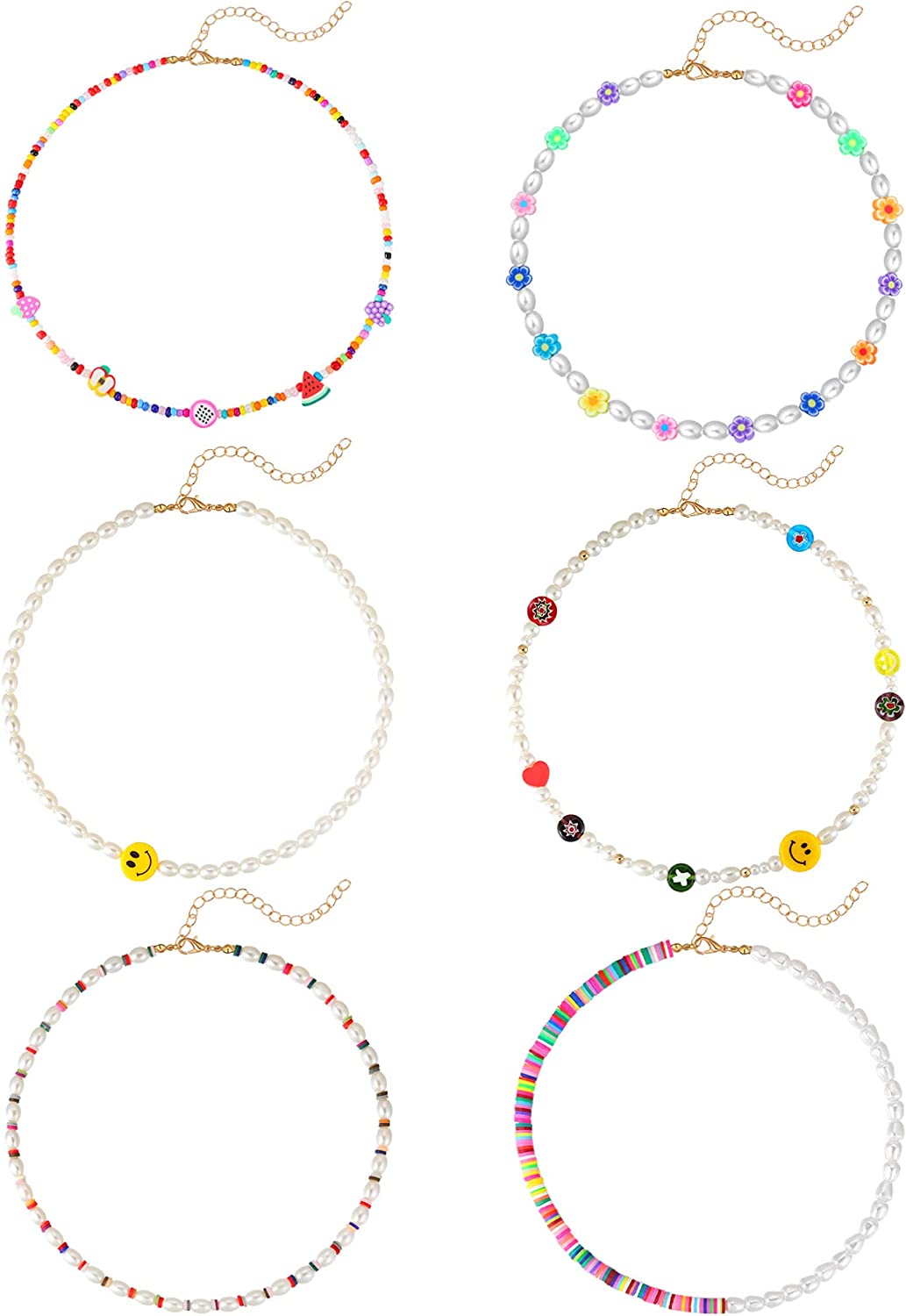 TOSGMY 6Pcs Beaded Choker Necklace for Women Girls Y2K Necklace Handmade Smiley Face Beads Necklace Set Flowers Pearl