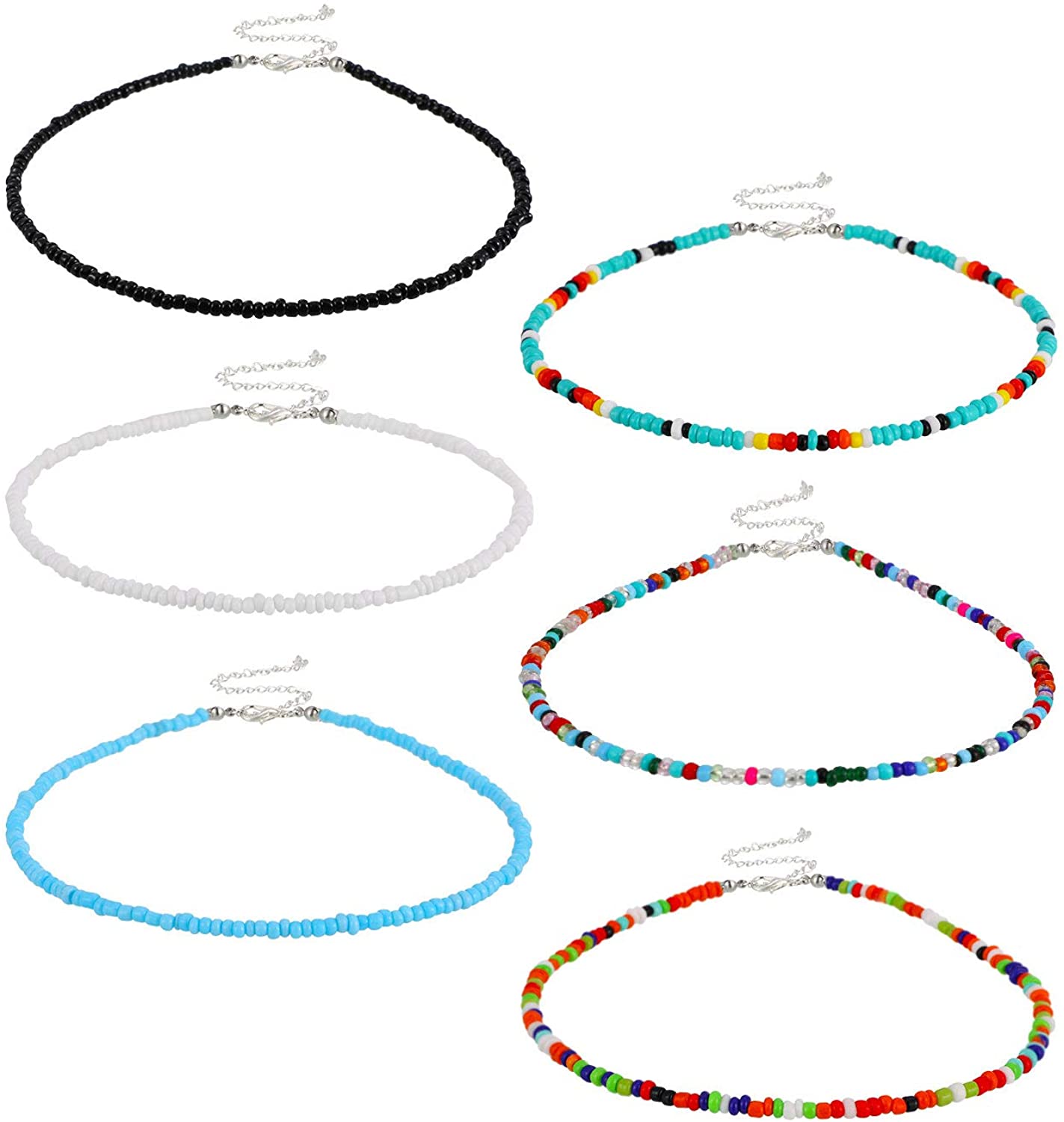 6 Pieces Women Bohemian Necklaces Seed Bead Necklaces Glass Beaded Choker Jewelry for Women and Girls