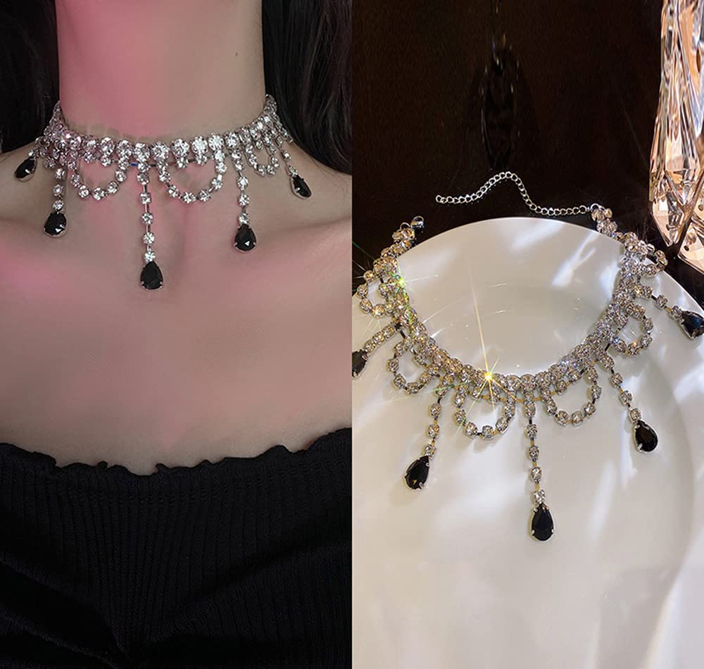 JWICOS Black Rhinestone Choker Necklace for Women and Girls Tassel Full Crystal Hollow Choker Necklace for Party Prom