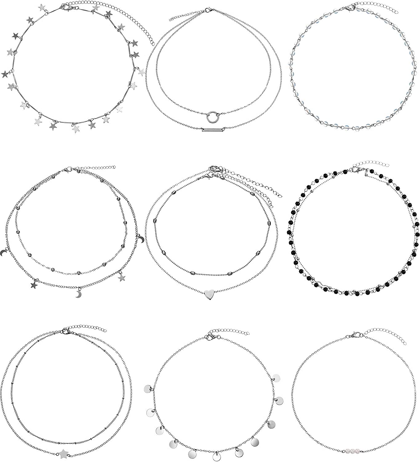 BBTO 9 Pieces Women Girls Layered Choker Necklace Sliver Layered Pendant Choker Jewelry Set (Style 1)