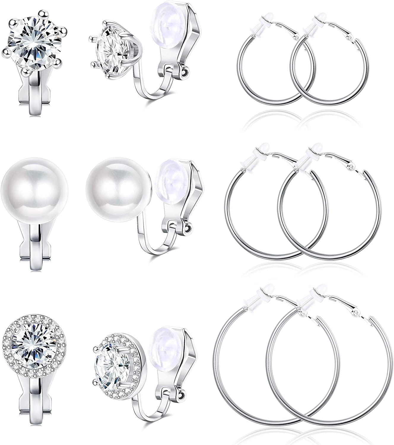 Ubjuliwa 6 Pairs Clip On Earrings for Women Fashion Hoop CZ Pearl Stud Earrings Women Clip On Earrings Set