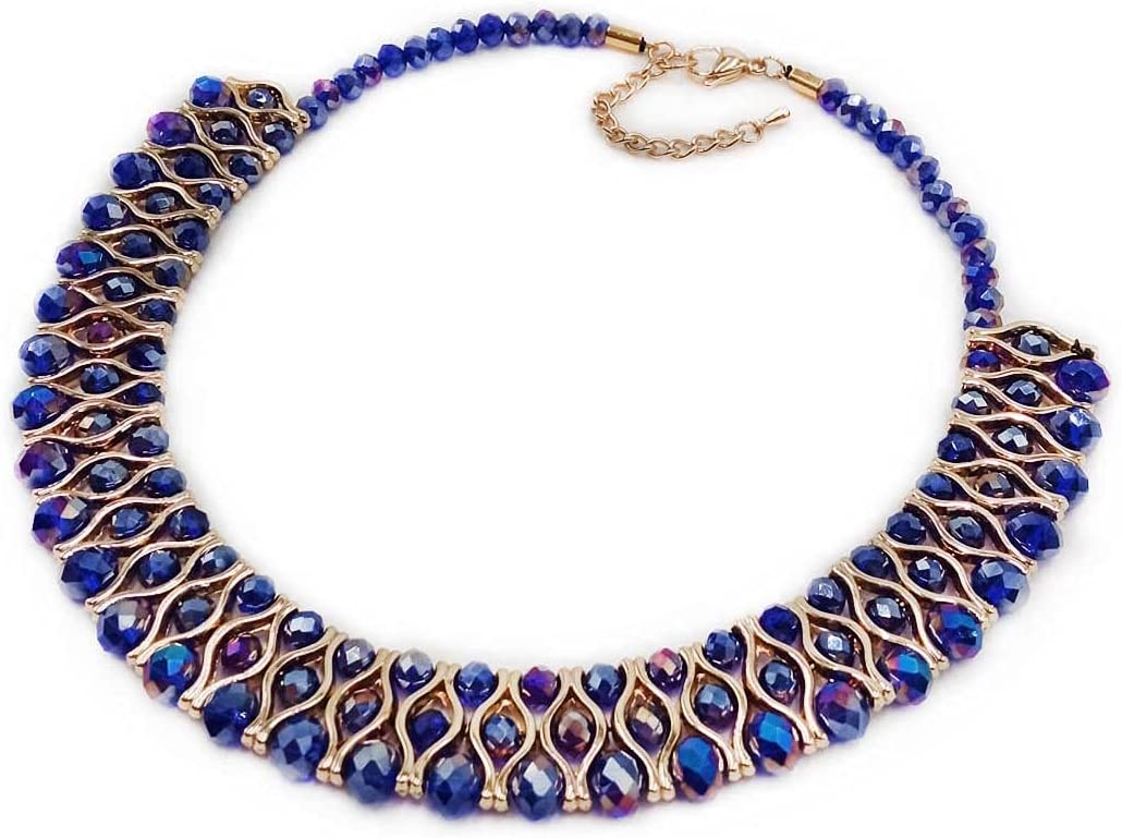 Crystal Statement Necklace Rhinestone Collar Choker with Extension Chain Jewelry Gifts for Women (Blue)