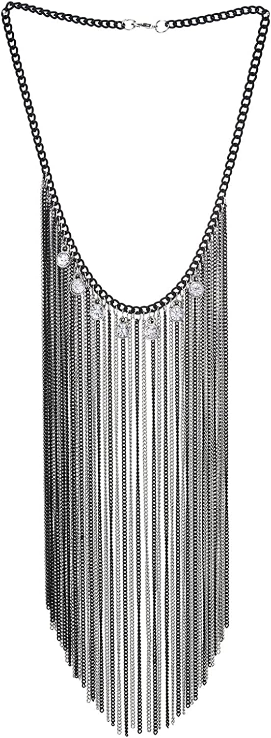 COOLSTEELANDBEYOND Bohemian Silver Black Collar Necklace Multi-Layer Cubic Zirconia Chains Waterfall Tassel Pendant Bib