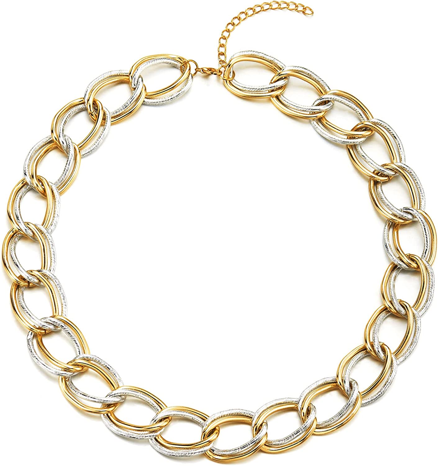 COOLSTEELANDBEYOND Silver Gold Link Chain Statement Necklace, Double Textured Circles Large Collar Necklace Party Dress
