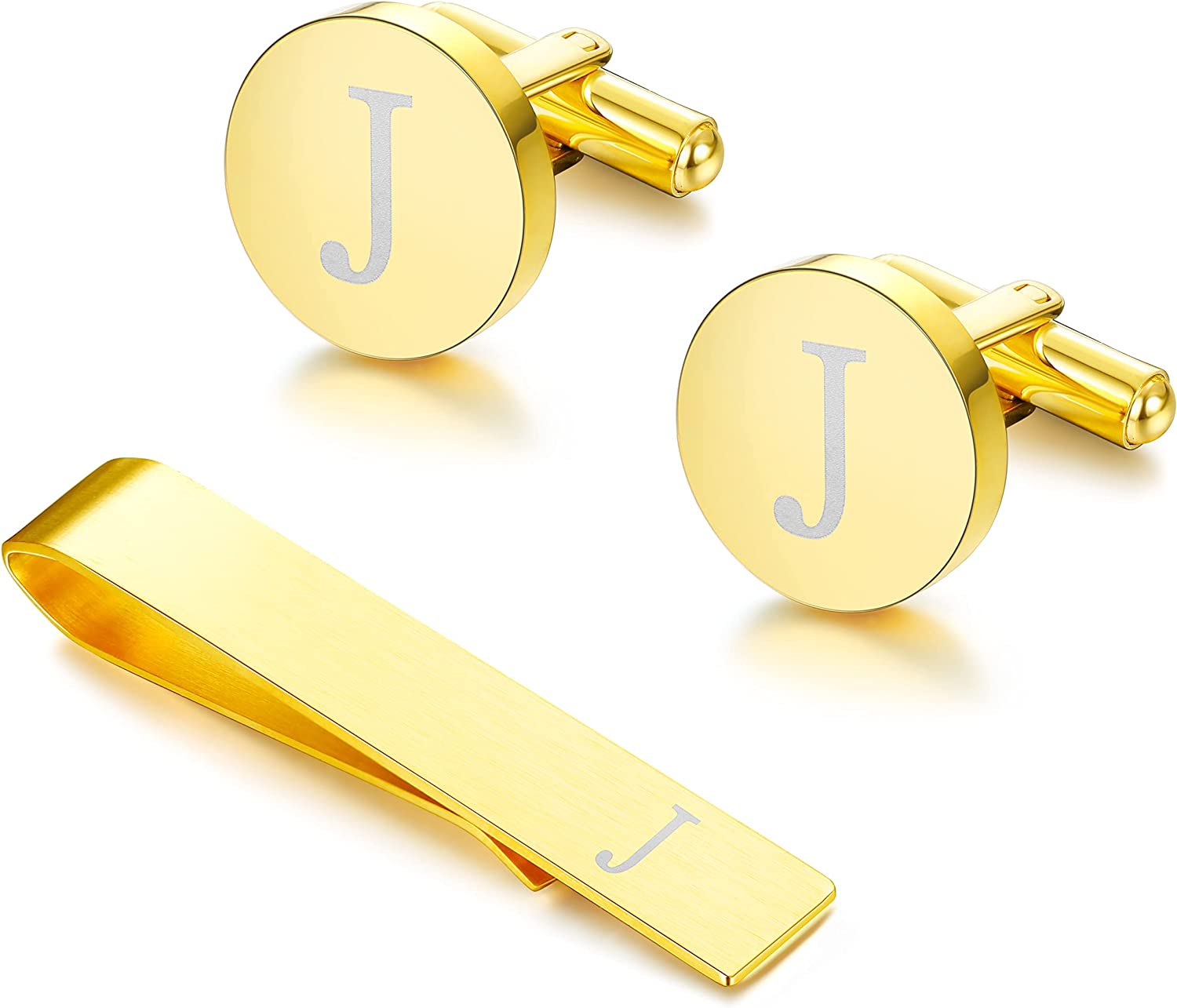 Diamday Initial Cufflinks and Tie Clip Set for Men Personalized Gold Stainless Steel Cuff Links and Tie Bar Letter Alphabet A-Z Gift with Box for Wedding, Groomsmen, Husband，Father