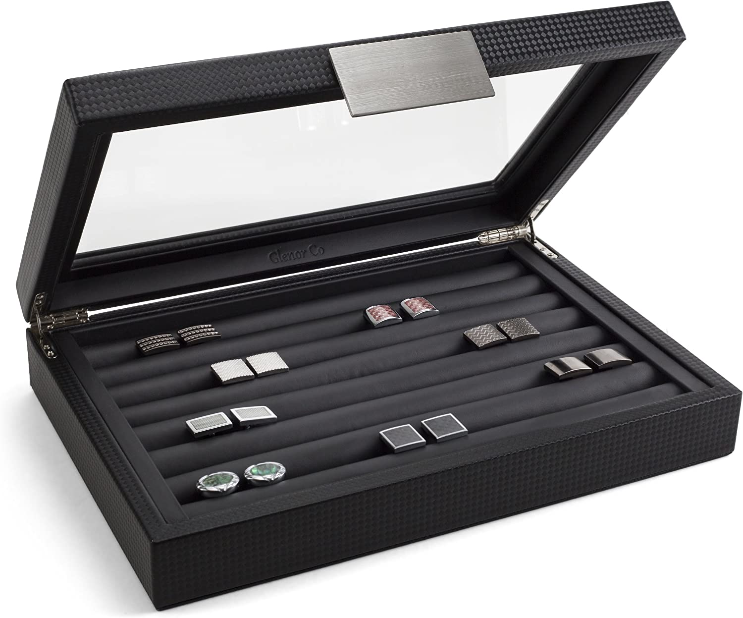 Glenor Co Cufflink Box for Men - Holds 70 Cufflinks - Luxury Display Jewelry Case -Carbon Fiber Design - Metal Buckle Holder, Large Glass Top - Black