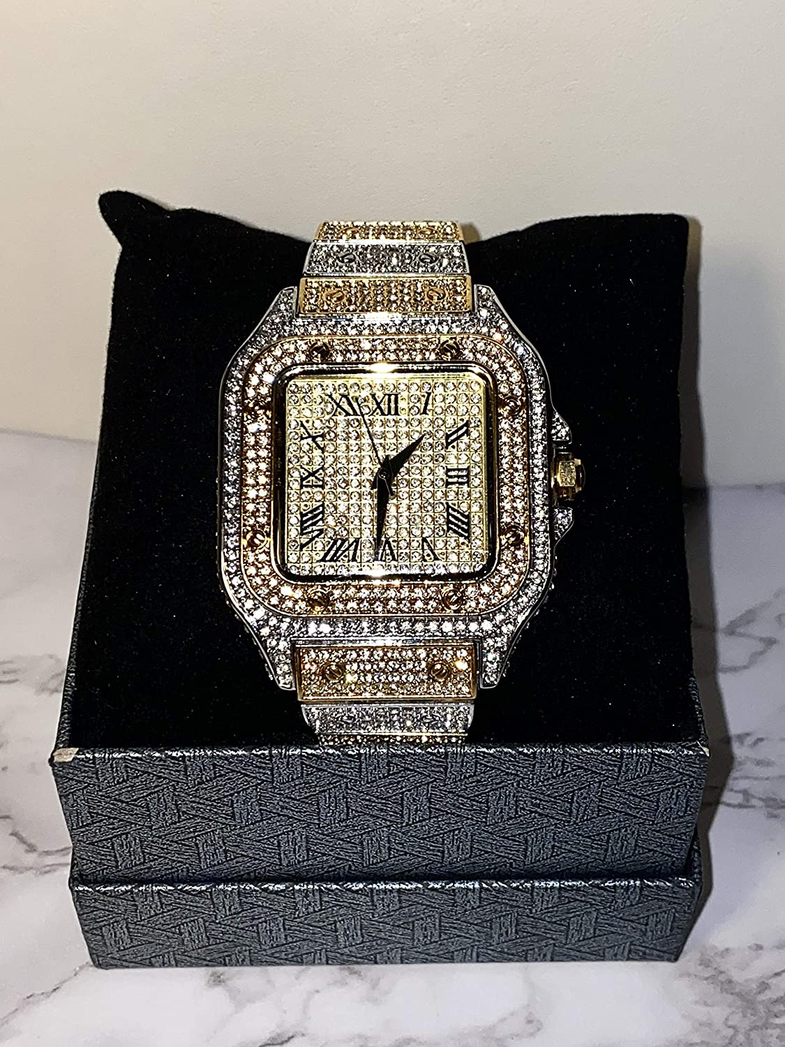 Men's Wrist Watch Band Luxury CZ Diamond Iced Out Watch Gold Roman Numeric Square Dial Watch For Men Women Hip Hop Rapper Choice, Men Watch, Mens Jewelry, Iced Watch Custom Fit, Bust Down Watch