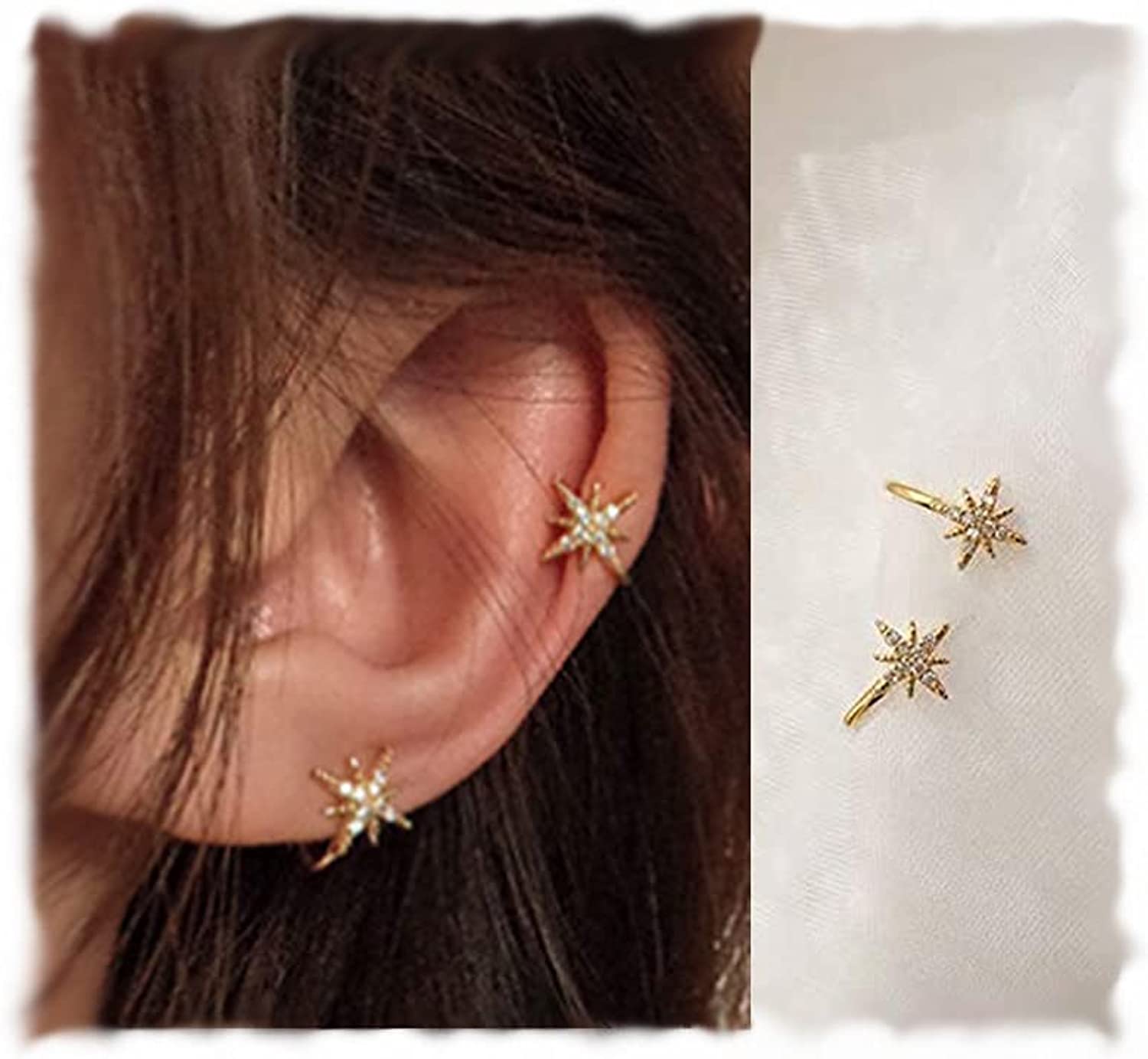 ruilinyang Simple CZ Star Cuff Wrap Earrings Cute Snowflake Crystal Twinkle Helix Cartilage Clip on Earrings Non Piercing Cartilage Earrings Hexagram ear cuff