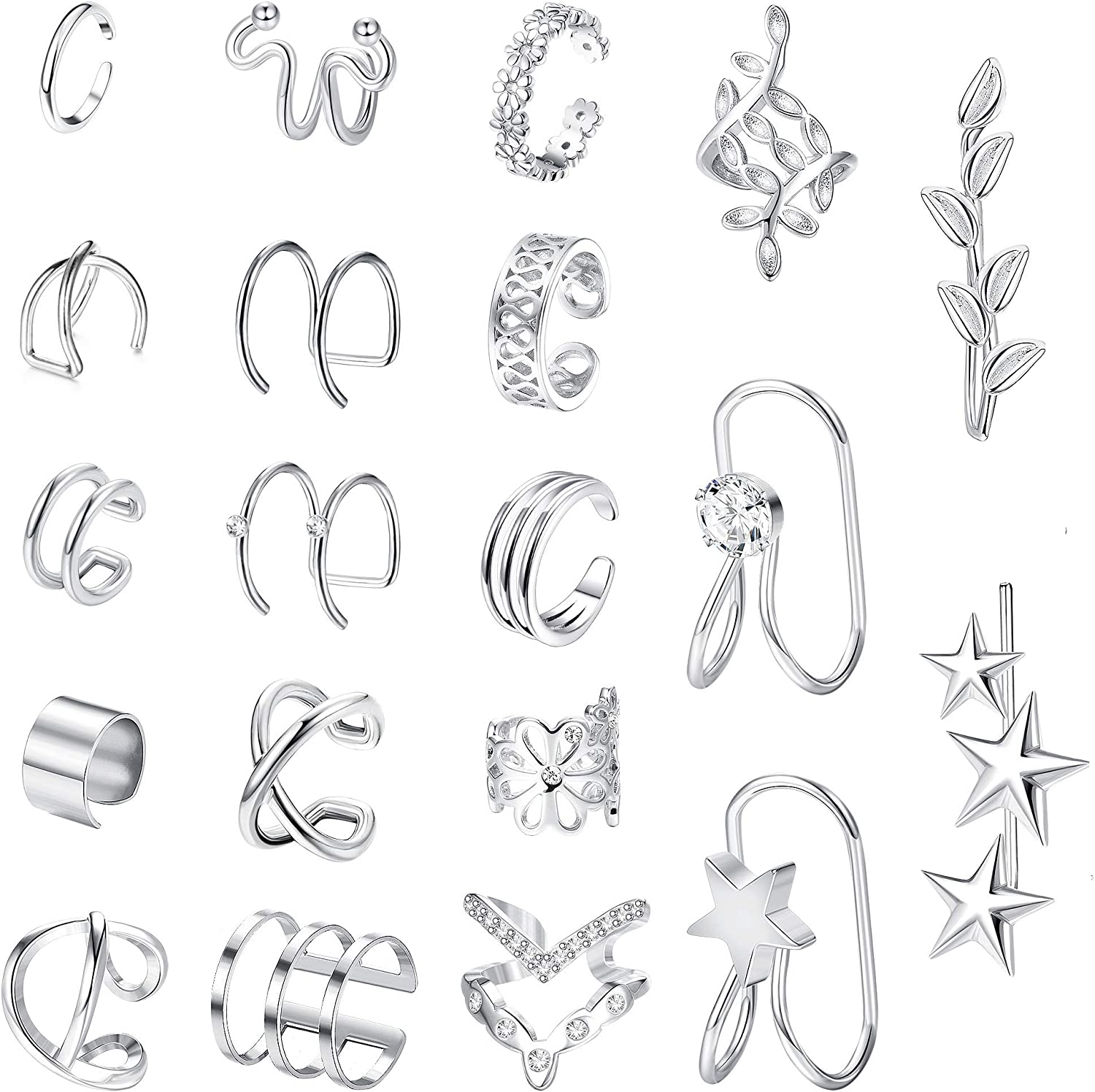 LOYALLOOK 20PCS Ear Cuff for Women Stainless Steel Non-Piercing Ears Helix Cartilage Clip On Wrap Earring Ear Cuff Set for Women Men