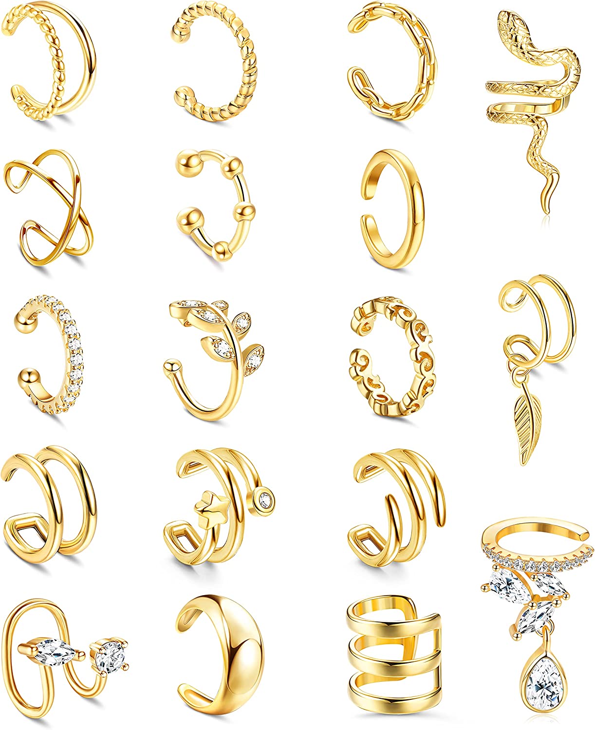 HAIAISO 18 Pcs Gold Ear Cuffs for Women Non Piercing Adjustable Ear Cuff Earrings Clip On Cartilage Helix Wrap Ear Jewelry Set