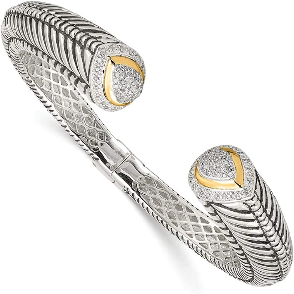 925 Sterling Silver 14k Yellow Gold 1/2ct. Diamond Hinged Cuff Bangle Bracelet (Width = 12mm)