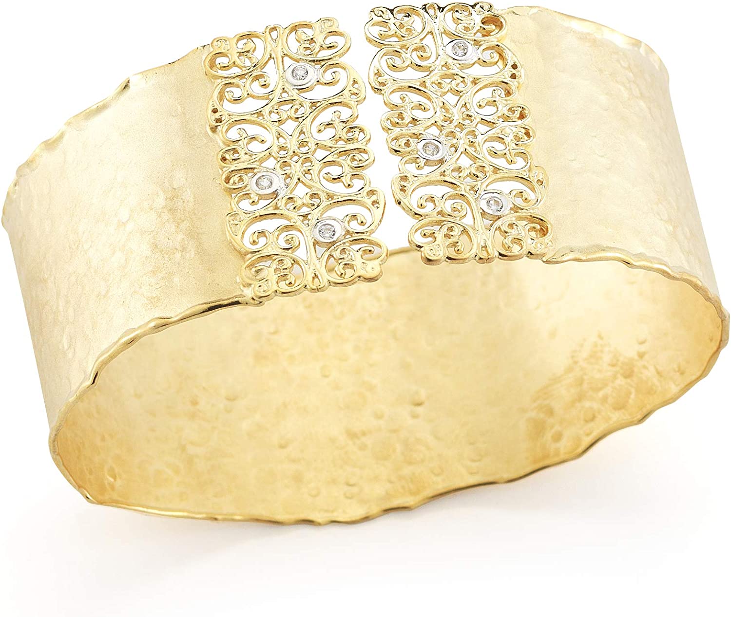 14K Yellow Gold 0.12ct TDW Diamond Accent Hammered-finish Filigree Cuff Bracelet