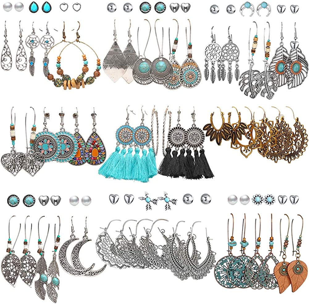 45 Pairs Fashion Hollow Drop Dangle Earrings Set for Women Girls Bohemian National Style Eardrop with Bronze Waterdrop Leaf Feather Shaped Vintage Jewelry for Gifts