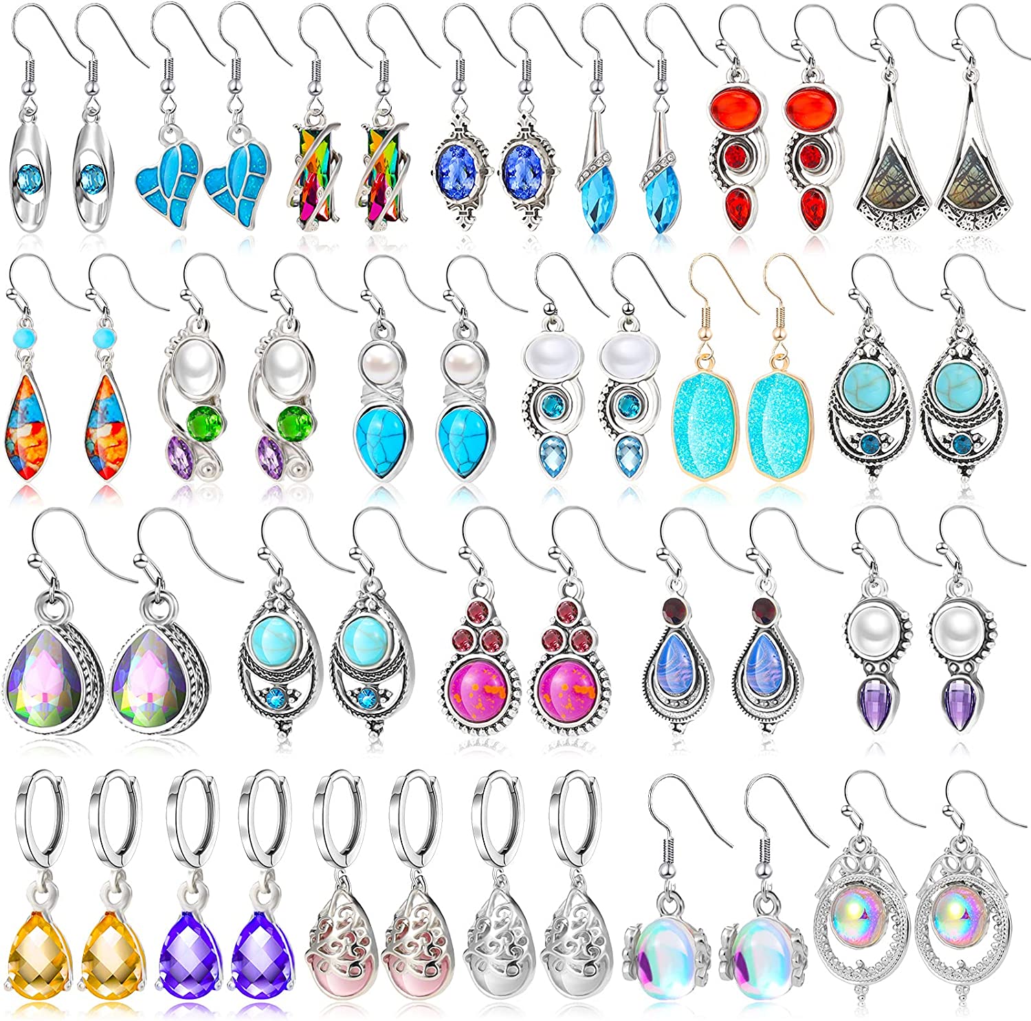 24 Pairs Crystal Teardrop Dangle Earrings Cubic Zirconia Hoop Earrings Boho Threader Earrings Set for Women Girls Christmas