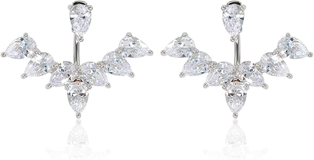 Marquise Cut & Round Cubic Zirconia Floral Front Back Jacket Earrings White Gold / 14K Rose Gold Plated