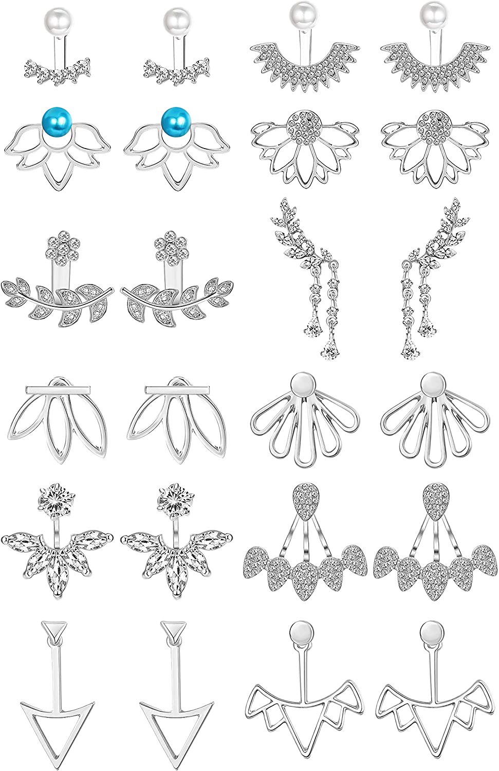 Florideco 12 Pairs Lotus Flower Earring Jackets for Women Chic CZ Studs Earrings Pearl Stud Ear Jacket Earrings Front Back Earrings Rose Silver Tone/Gold Tone