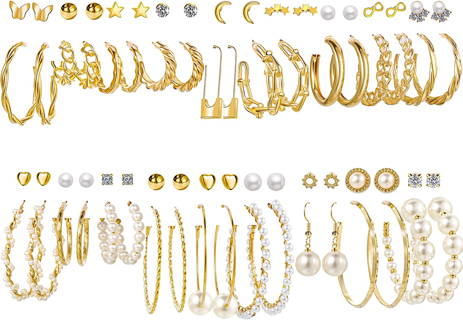 36 Pairs Gold Pearl Earrings Set for Women Girls, Fashion Chain Link Hoop Stud Drop Dangle Earrings Boho Statement Paperclip Hypoallergenic Earrings for Birthday Party Christmas Jewelry Gift