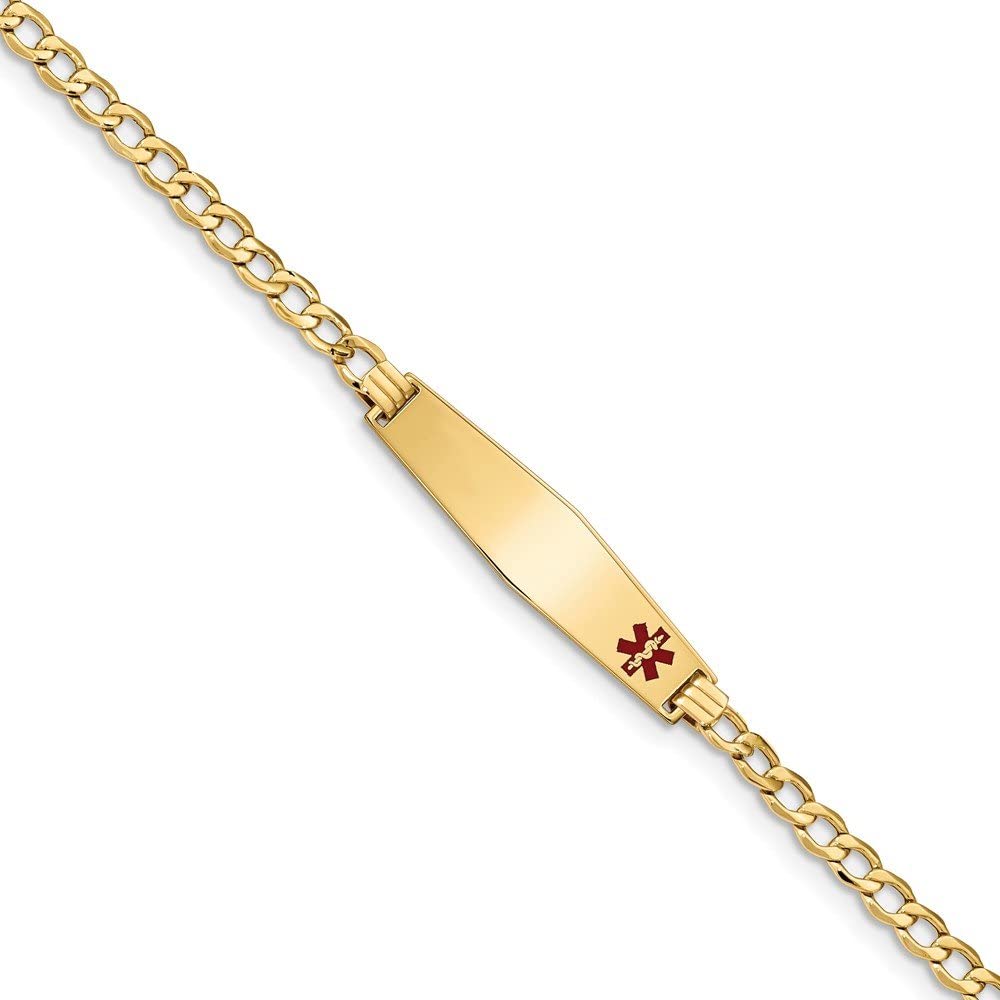 Sonia Jewels 14k Yellow Gold Medical Soft Diamond-Shape Red Enamel ID w Semi-Solid Cuban Bracelet (9mm)